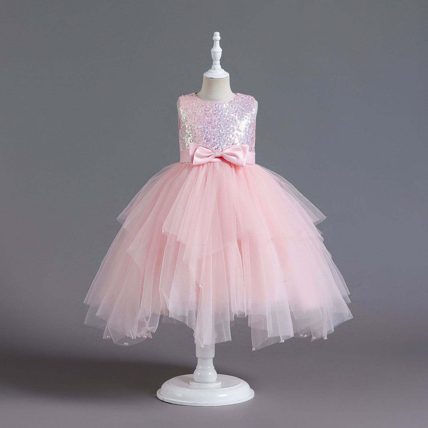 Girl Sleeveless Mesh design Lace Pink Dress
