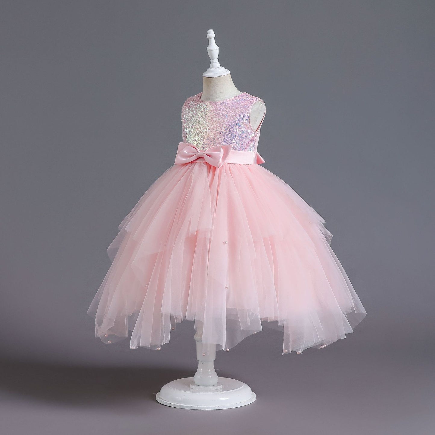 Girl Sleeveless Mesh design Lace Pink Dress