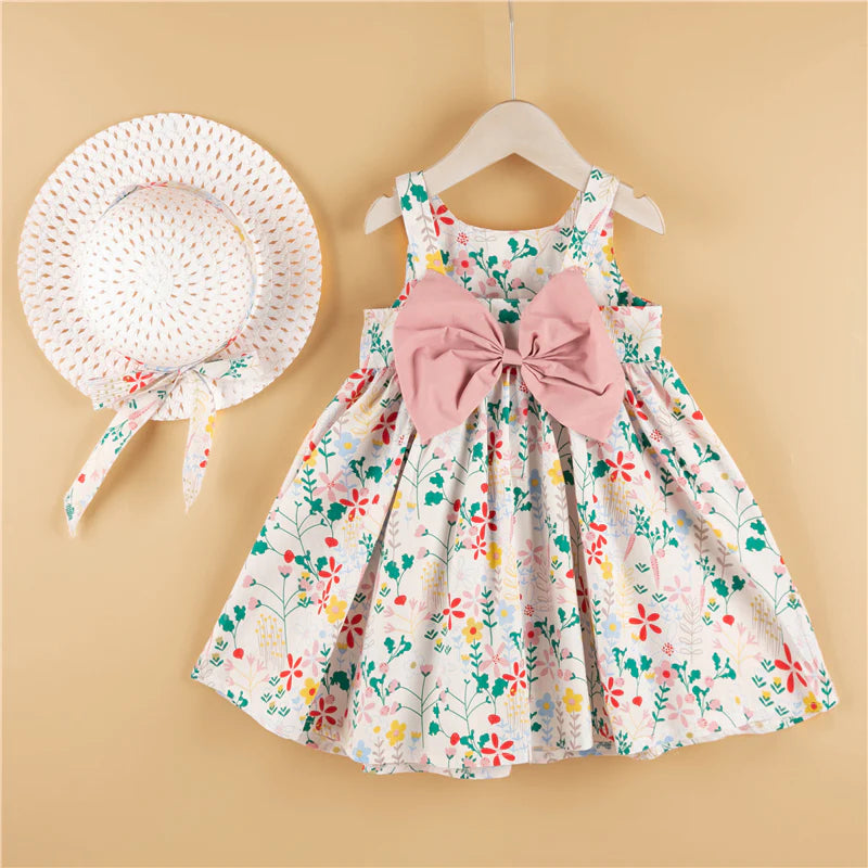 2 piece Baby Toddler Girl Floral Print Bowknot Dress and Hat Set Yara clothing nz