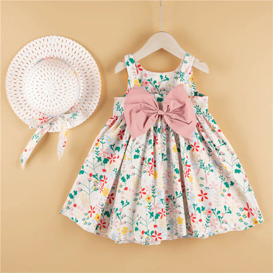 2-piece Baby / Toddler Girl Floral Print Bowknot Dress and Hat Set