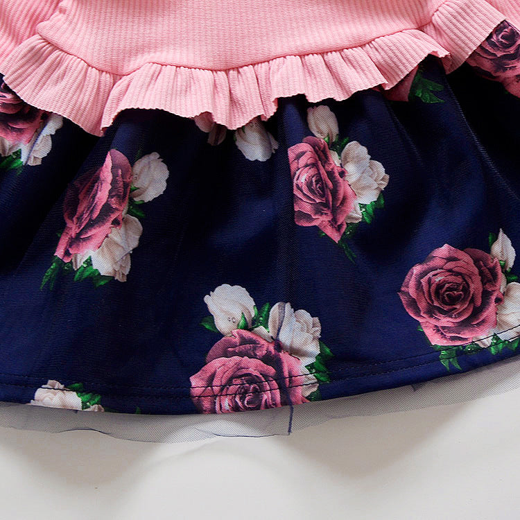 Long-sleeve two colour Rose print baby girl dress
