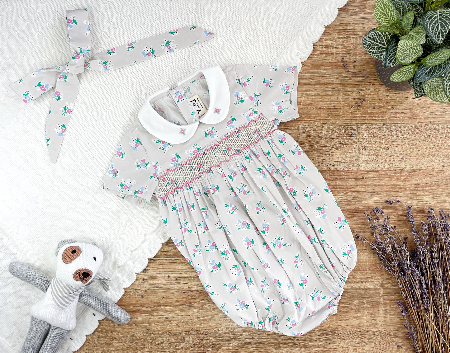 Baby Girl Smocked Floral Design Romper Head band set