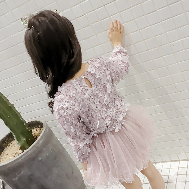 3D Floral Mesh Splicing Pink Long sleeve Baby Princess Party Dress