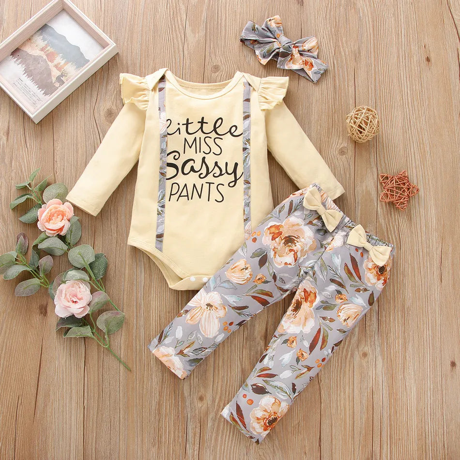Baby Girl Ruffled Long-sleeve Romper, Pants and Headband 3-piece set