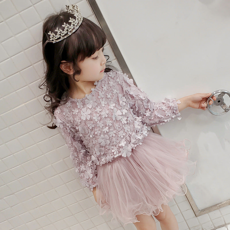 3D Floral Mesh Splicing Pink Long sleeve Baby Princess Party Dress