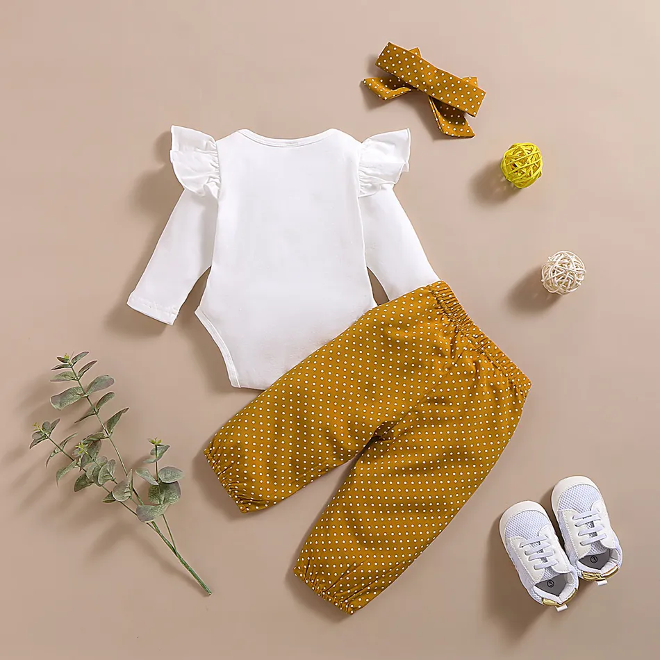 Baby Girl Ruffled Bodysuit and Polka Dots Pants with Headband 3-piece Set