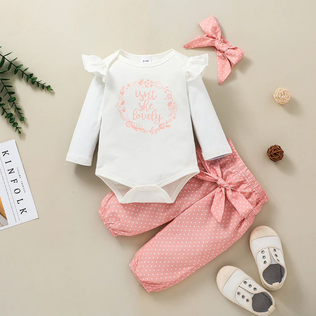 Baby Girl Ruffled Bodysuit and Polka Dots Pants with Headband 3-piece Set