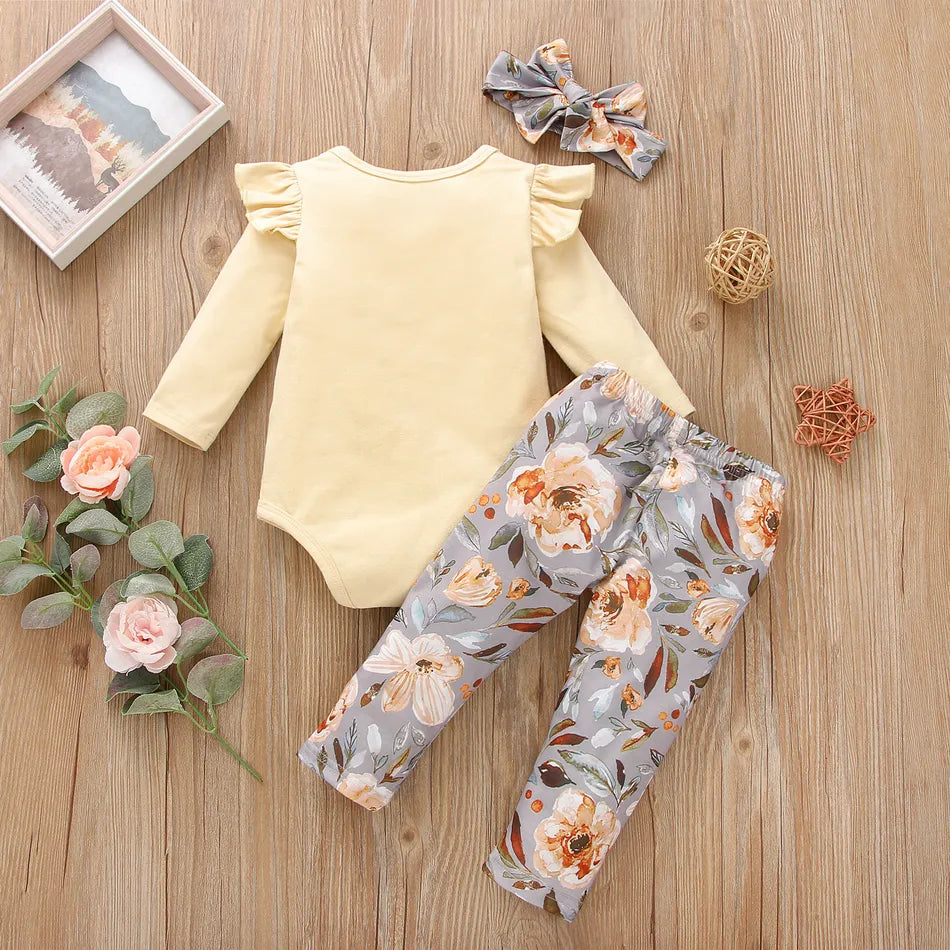 Baby Girl Ruffled Long-sleeve Romper, Pants and Headband 3-piece set