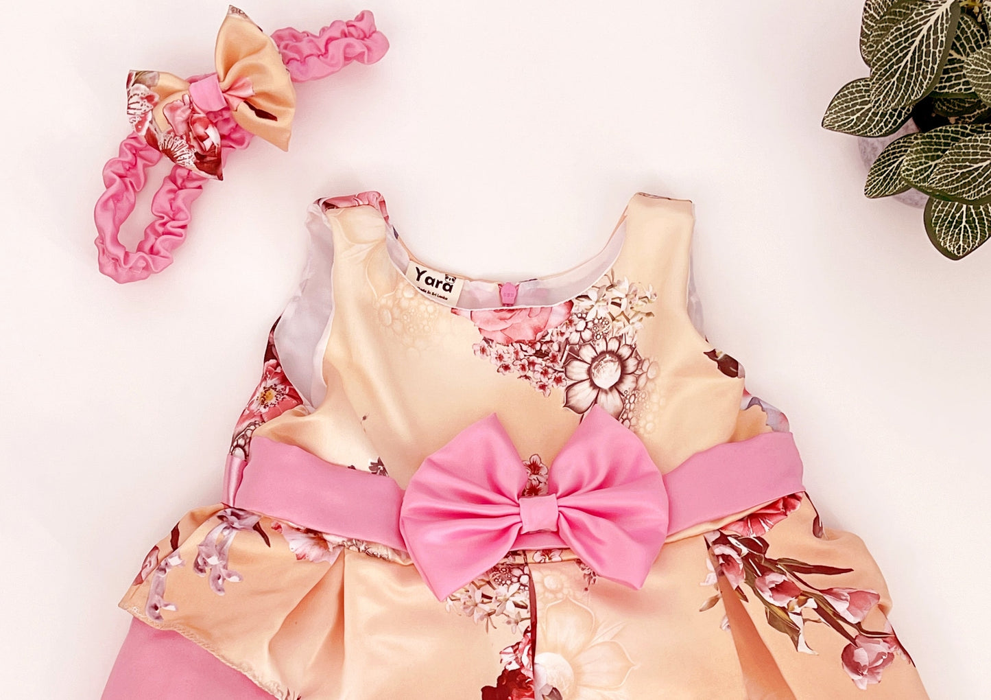 Kids Girls Floral Printed Bowknot Party Dress and Hairband
