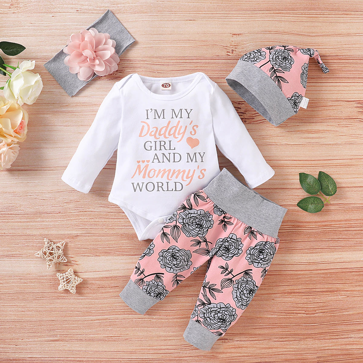 Baby Girl Long-sleeve Bodysuit and Pants with Hat 3-piece Set