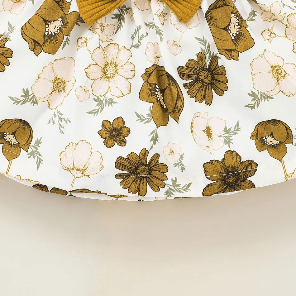 Long-sleeve Ruffle Ribbed Baby Romper and Floral Print Mini Skirt 3pcs Set