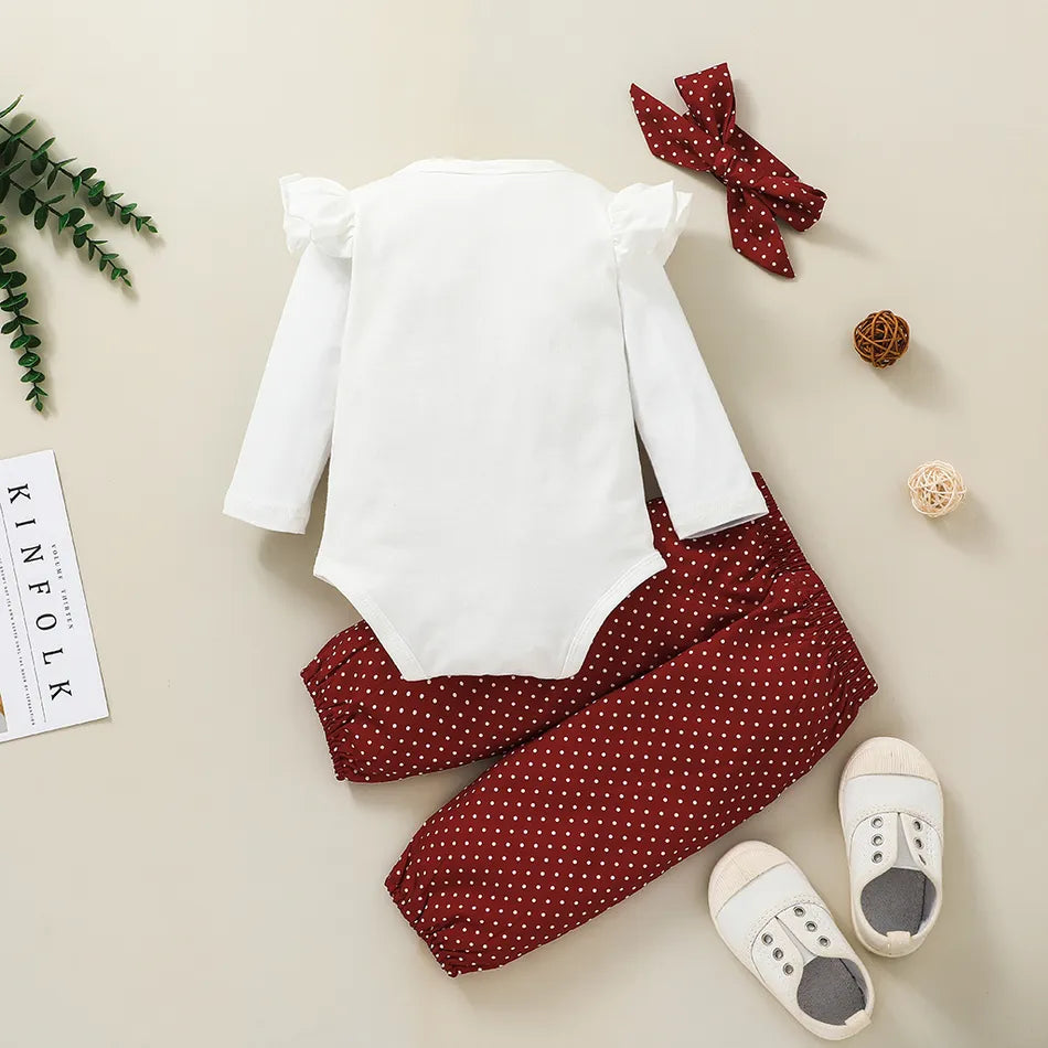 Baby Girl Ruffled Bodysuit and Polka Dots Pants with Headband 3-piece Set