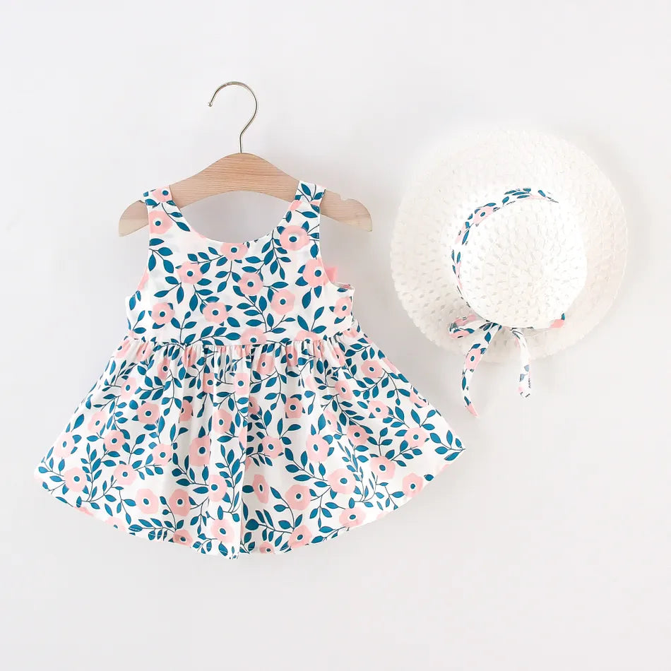 2pcs Floral Print Bowknot Dress & Hat