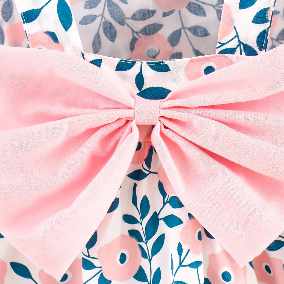 2pcs Floral Print Bowknot Dress & Hat