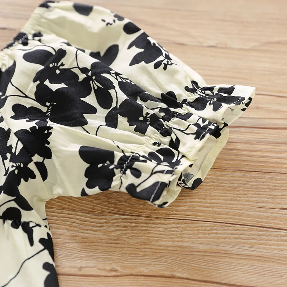 Toddler Girl Leaf Print Bowknot Decor Ruffled Short-sleeve Dress