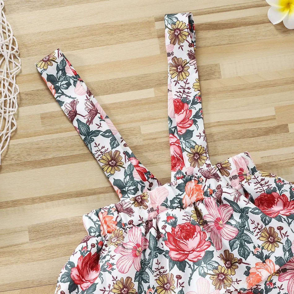 Baby Girl Long-sleeve Romper and Floral Print Layered Suspender Skirt 3pcs Set