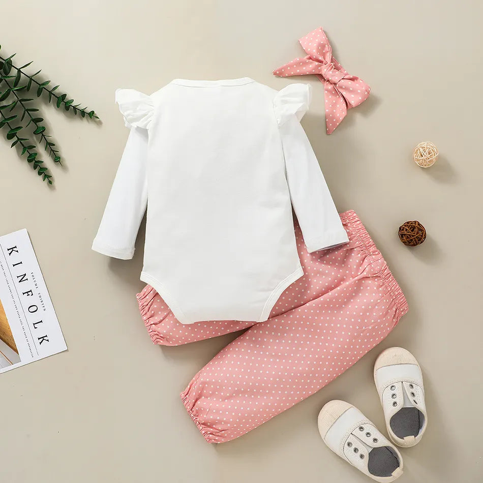 Baby Girl Ruffled Bodysuit and Polka Dots Pants with Headband 3-piece Set