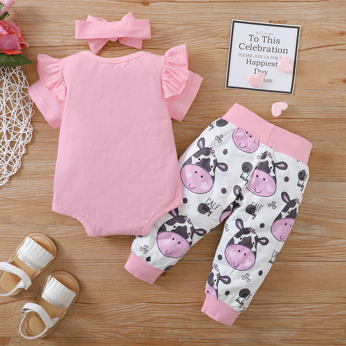 3pcs Baby Calf Print Romper Set and head band