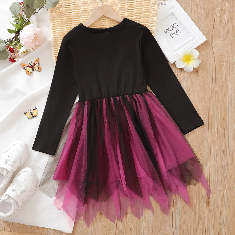 Girls Butterfly Print Mesh Splice Long-sleeve Dress