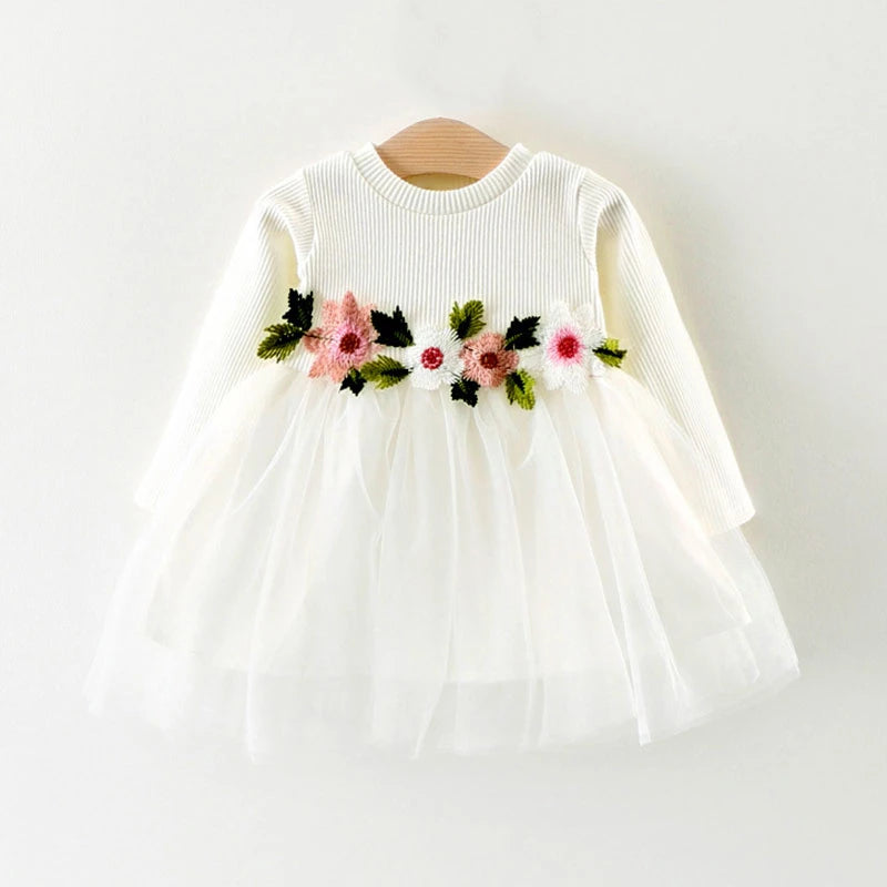 Long-sleeve Tutu Dress with Flower Decor For Baby and Toddler Girls