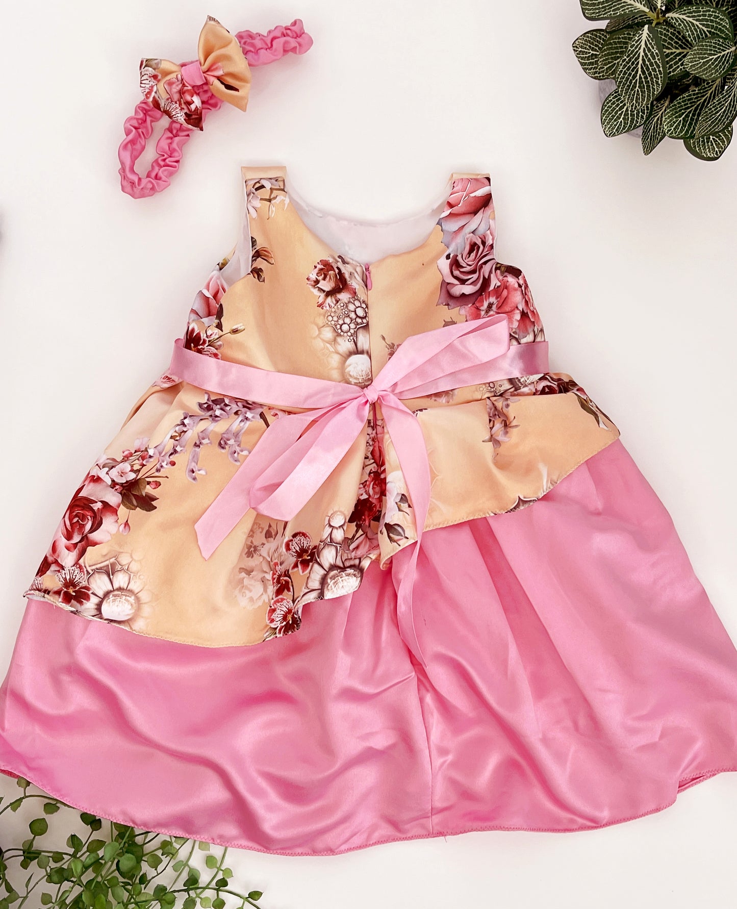 Kids Girls Floral Printed Bowknot Party Dress and Hairband