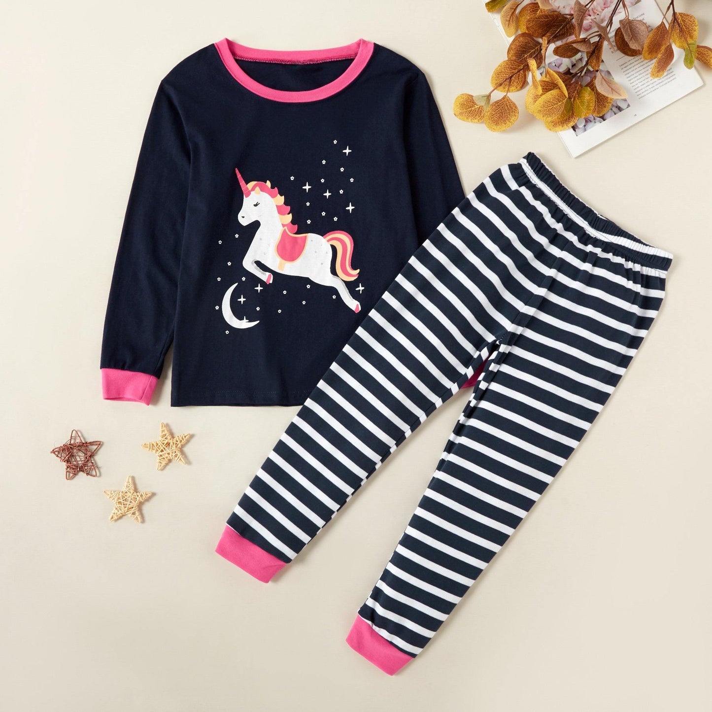 Fashionable Unicorn Moon Stars Print Long-sleeve Tee and Striped Pants Set - Yara clothing nz