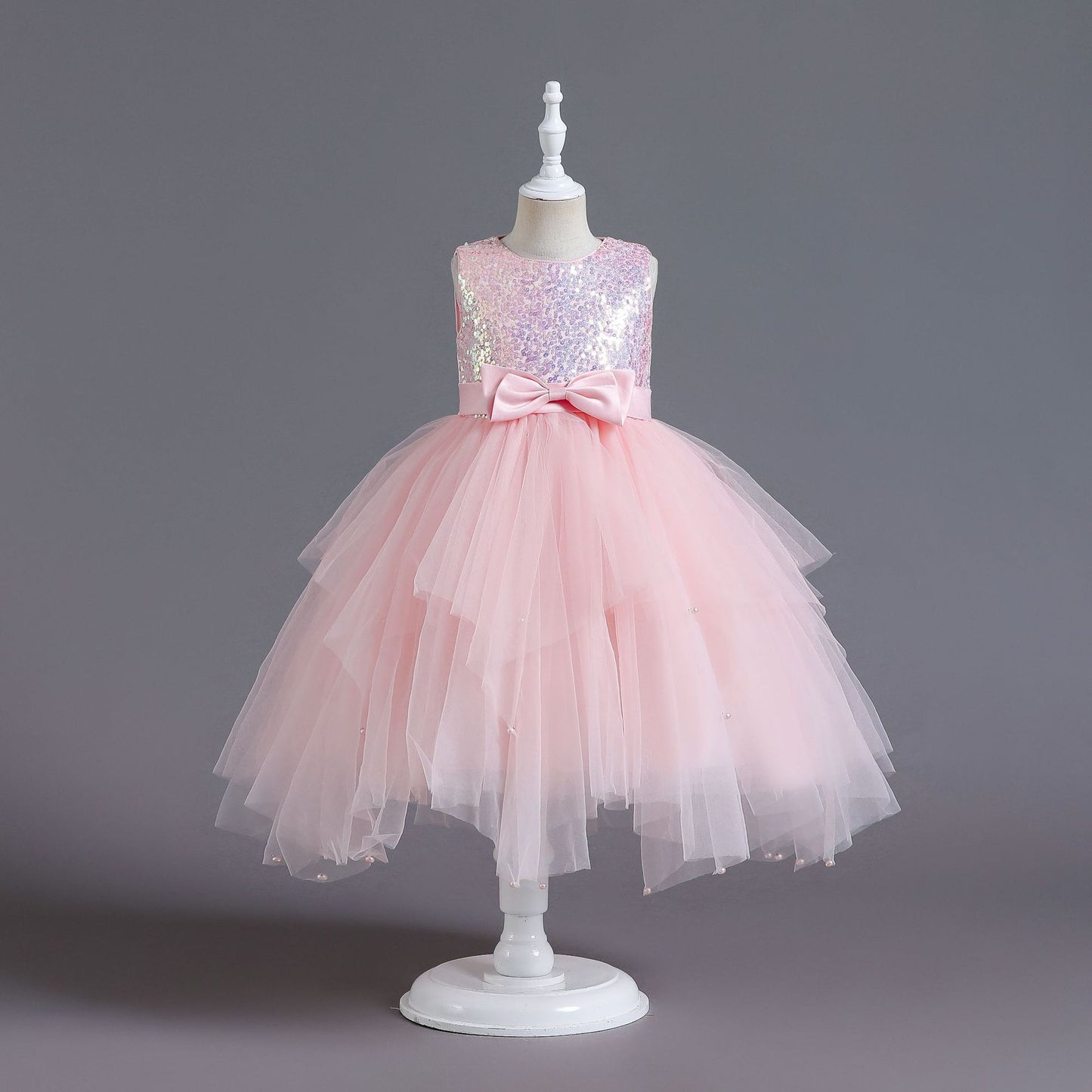 Girl Sleeveless Mesh  design Lace Pink Dress