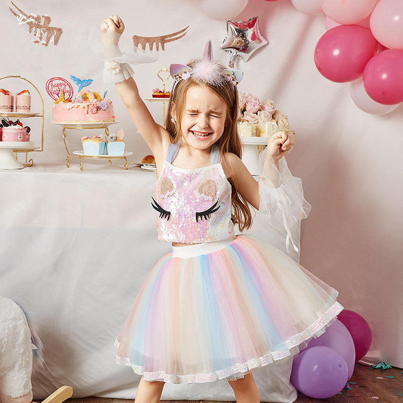 Kids Little Girls' Unicorn Rainbow Tulle Party Skirt and top set