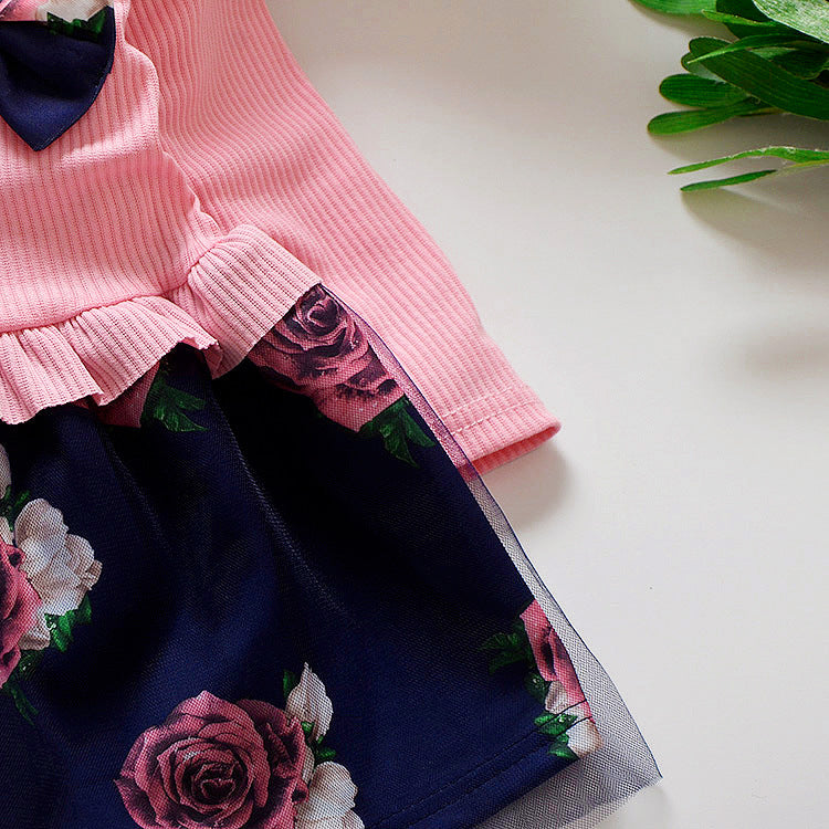 Long-sleeve two colour Rose print  baby girl dress