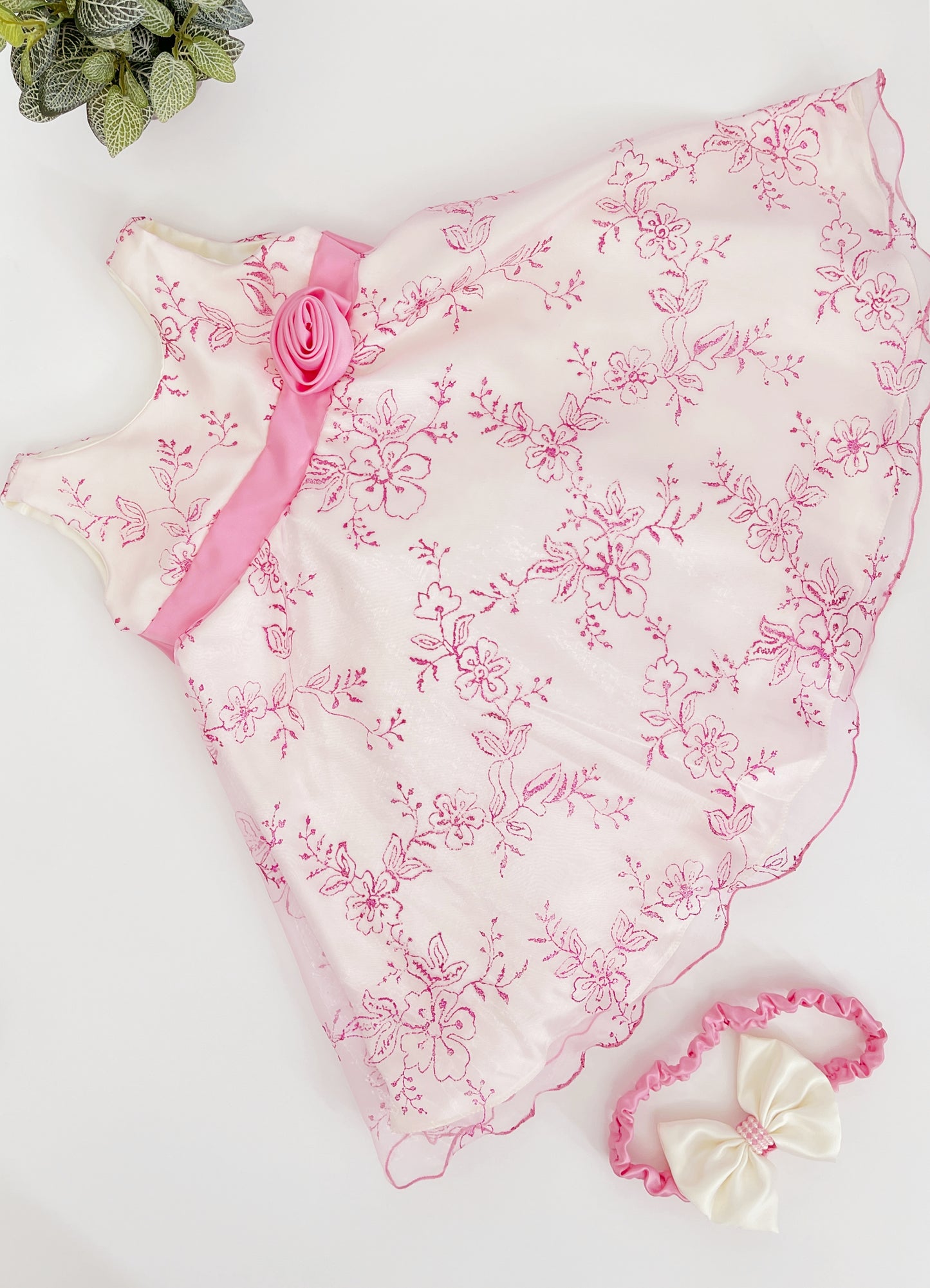 Kids Girls Pink Rose Bowknot Sleeveless Party Dress and Hairband