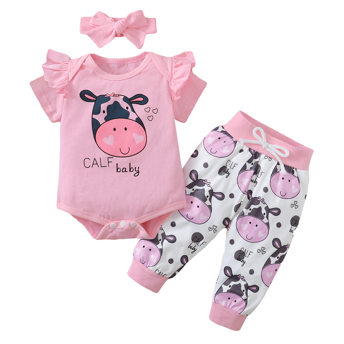 3pcs Baby Calf Print Romper Set and head band