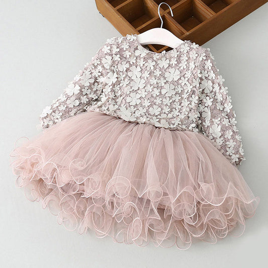 3D Floral Mesh Splicing Pink Long sleeve Baby Princess Party Dress
