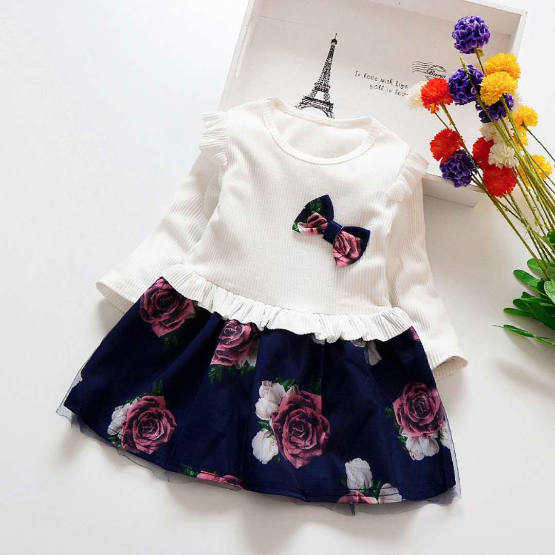 Long-sleeve two colour Rose print  baby girl dress