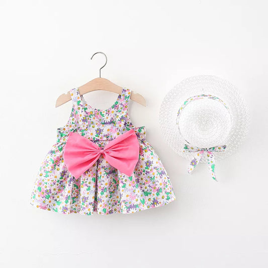 2pcs Floral Print pink Bowknot Sleeveless Baby Dress & Hat