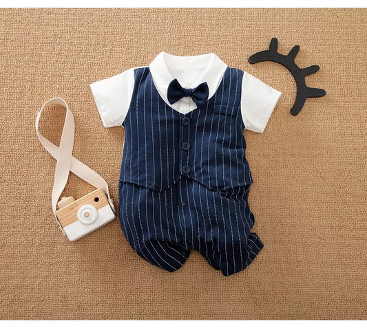 Baby Boy 100% Cotton Gentleman Bow tie Striped Jumpsuit NZ
