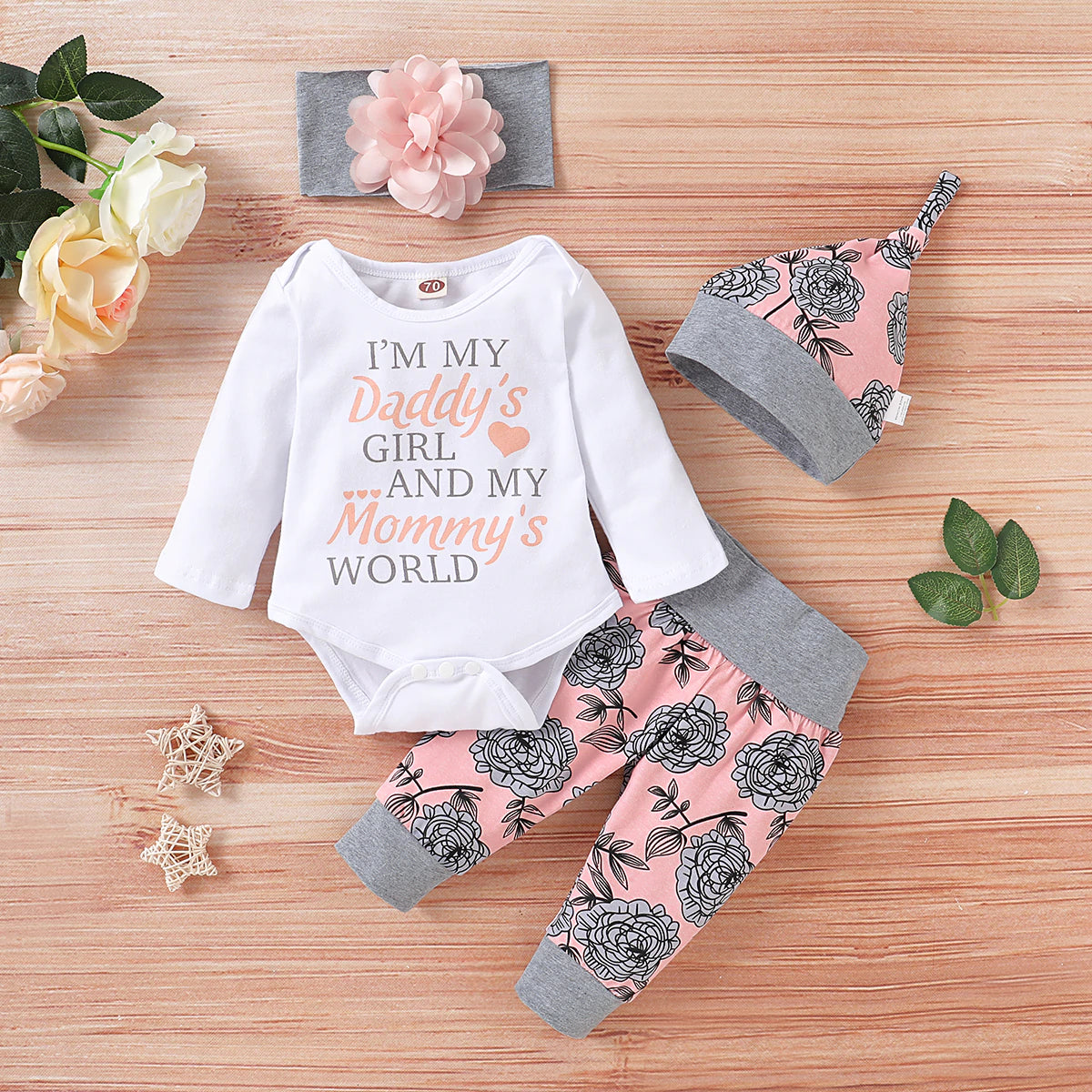 Baywell 3Pcs Baby Girl Outfit Set Newborn Toddler Girls Clothes Love  Printed Long Sleeve Bodysuit +Pants+Headband Clothing