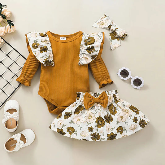 Long-sleeve Ruffle Ribbed Baby Romper and Floral Print Mini Skirt 3pcs Set