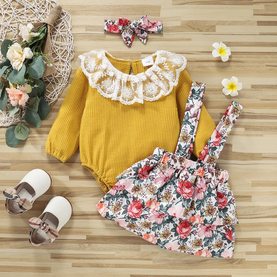 Baby Girl Long-sleeve Romper and Floral Print Layered Suspender Skirt 3pcs Set