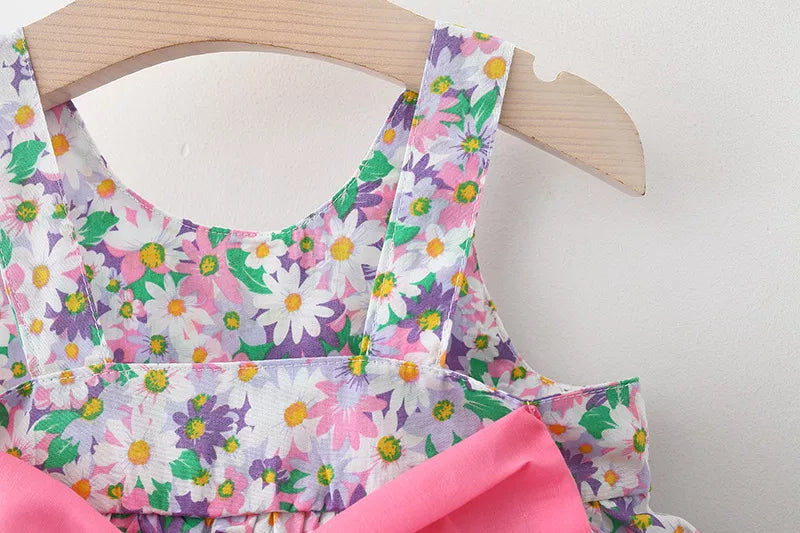 2pcs Floral Print pink Bowknot Sleeveless Baby Dress & Hat