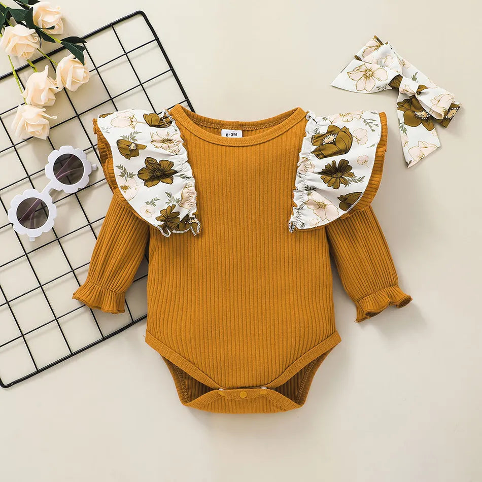 Long-sleeve Ruffle Ribbed Baby Romper and Floral Print Mini Skirt 3pcs Set