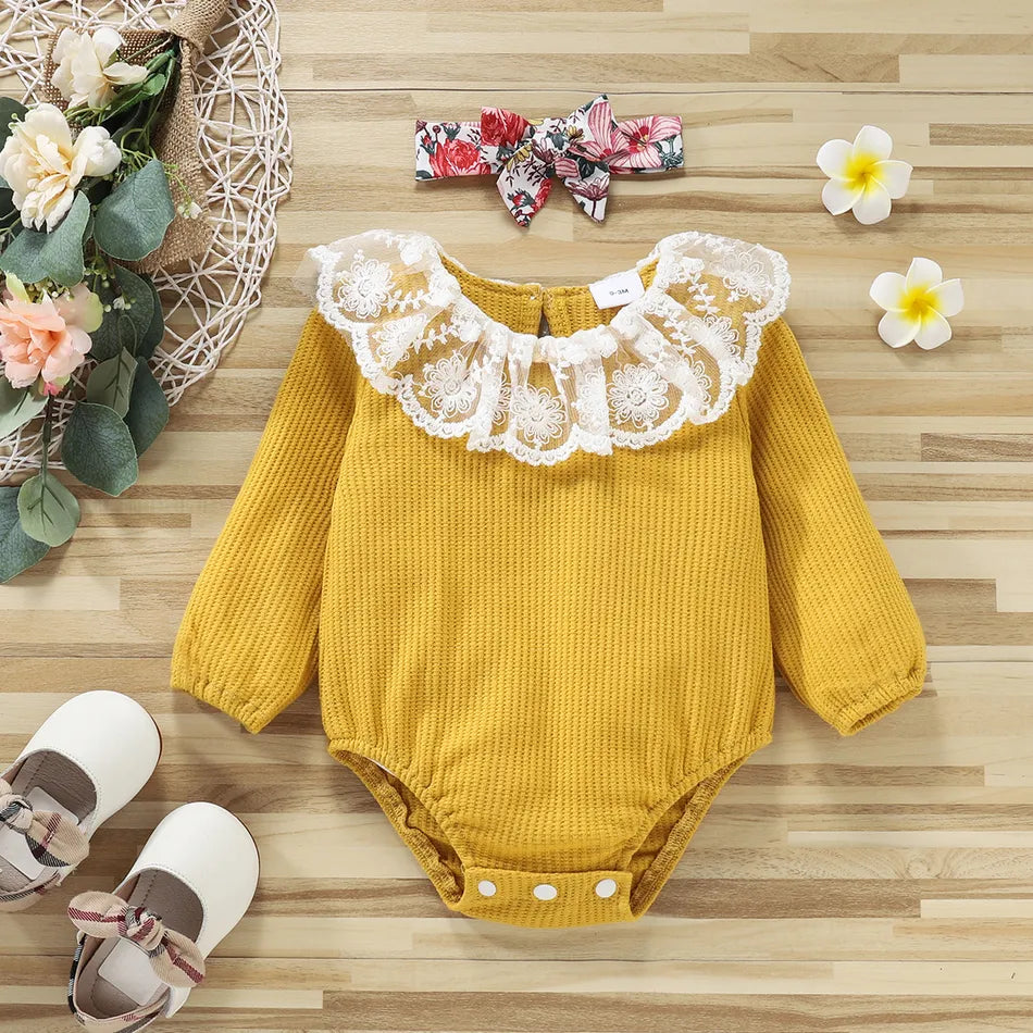 Baby Girl Long-sleeve Romper and Floral Print Layered Suspender Skirt 3pcs Set