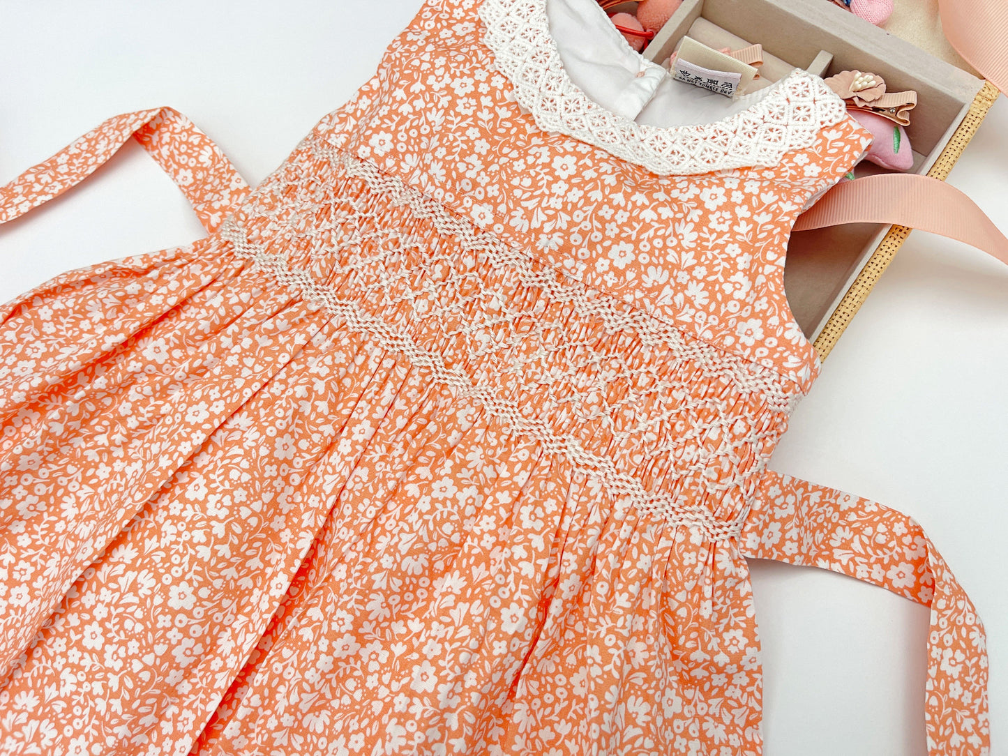Orange  Floral Print Smocked Dress