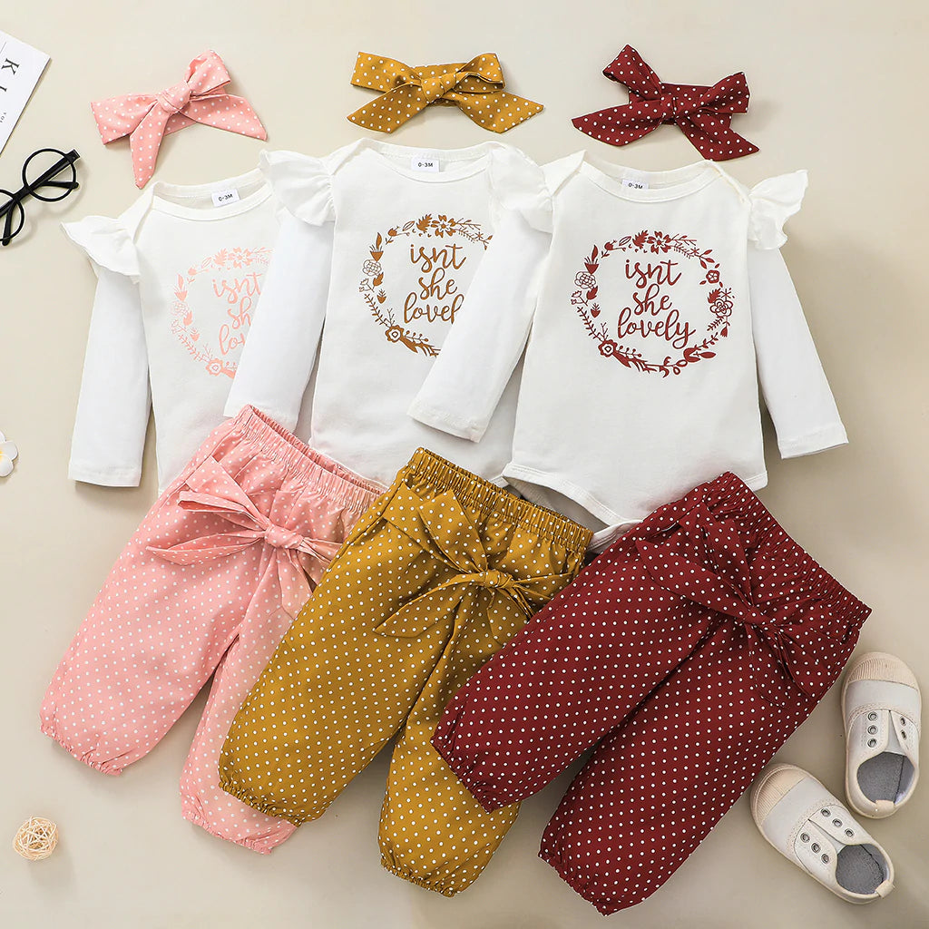 Baby Girl Ruffled Bodysuit and Polka Dots Pants with Headband 3-piece Set