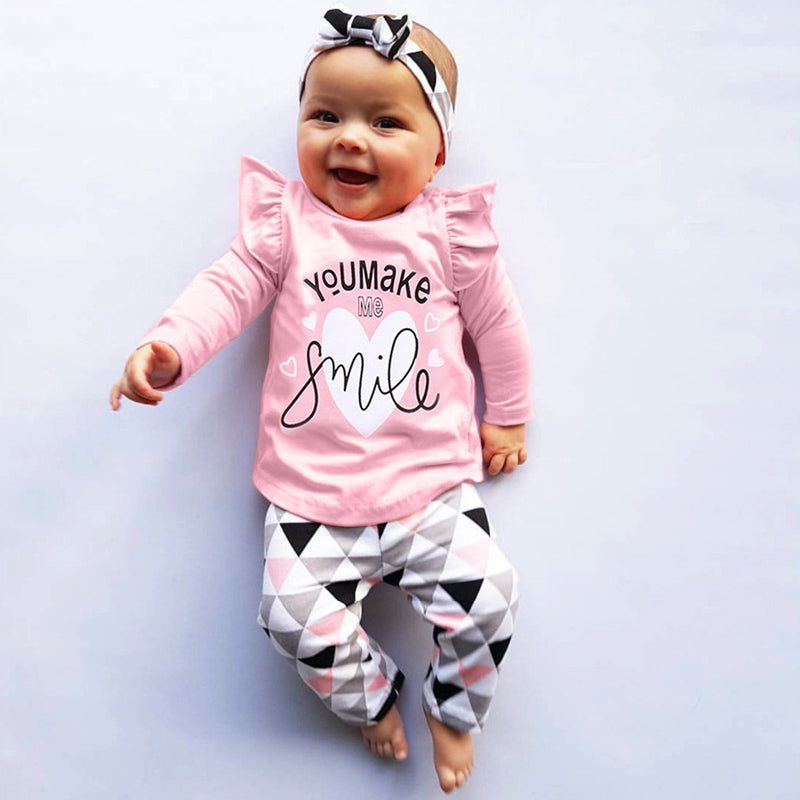 3-piece Letter Print Long-sleeve Top and Geo Print Pants Set