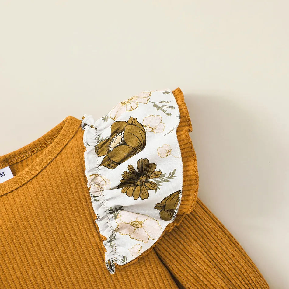 Long-sleeve Ruffle Ribbed Baby Romper and Floral Print Mini Skirt 3pcs Set