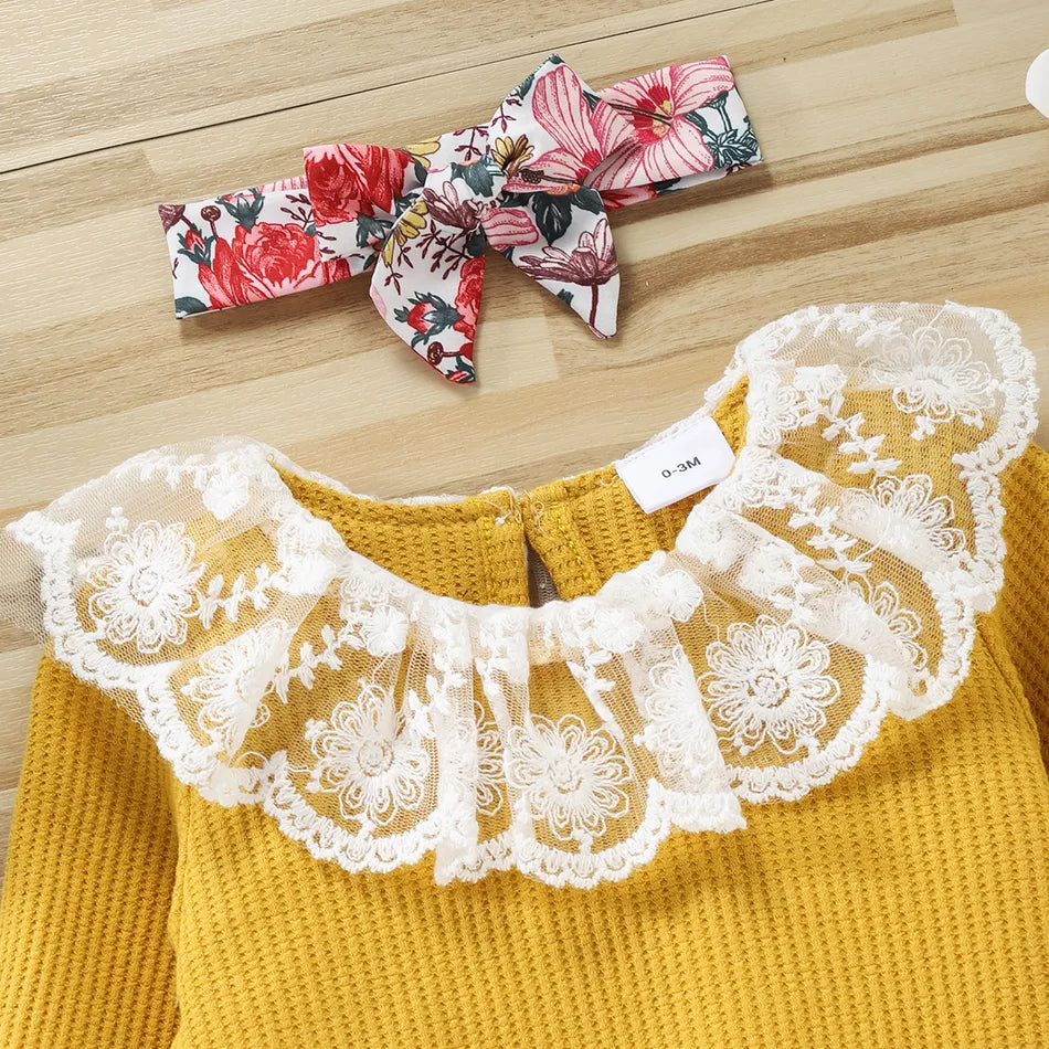 Baby Girl Long-sleeve Romper and Floral Print Layered Suspender Skirt 3pcs Set
