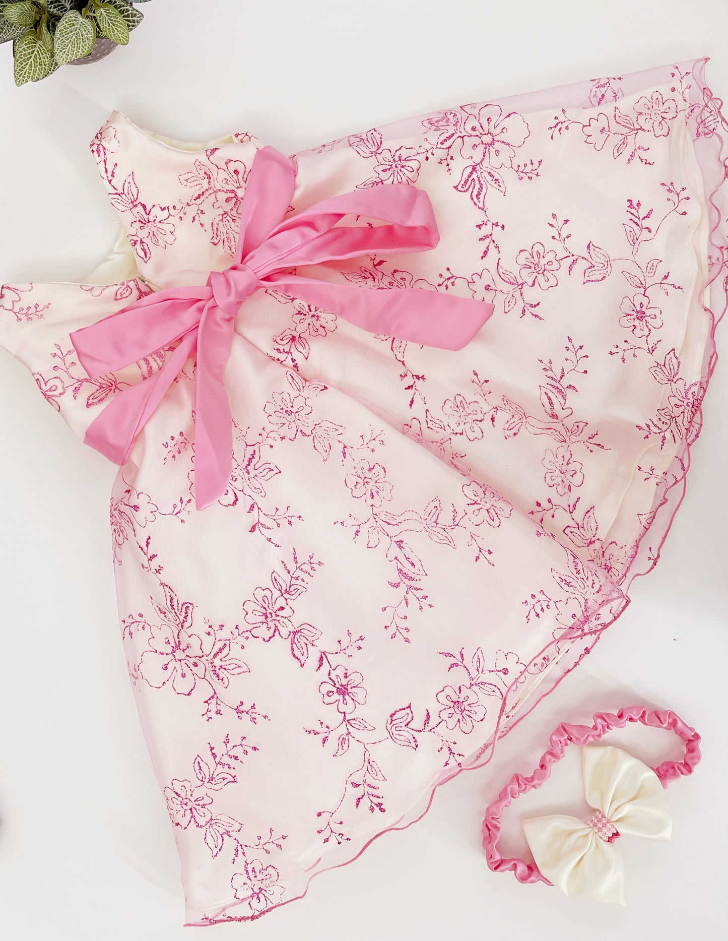 Kids Girls Pink Rose Bowknot Sleeveless Party Dress and Hairband