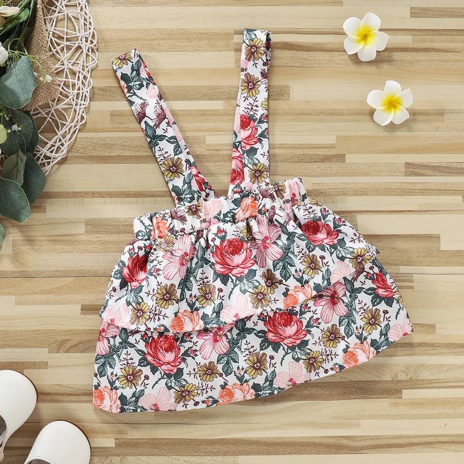 Baby Girl Long-sleeve Romper and Floral Print Layered Suspender Skirt 3pcs Set