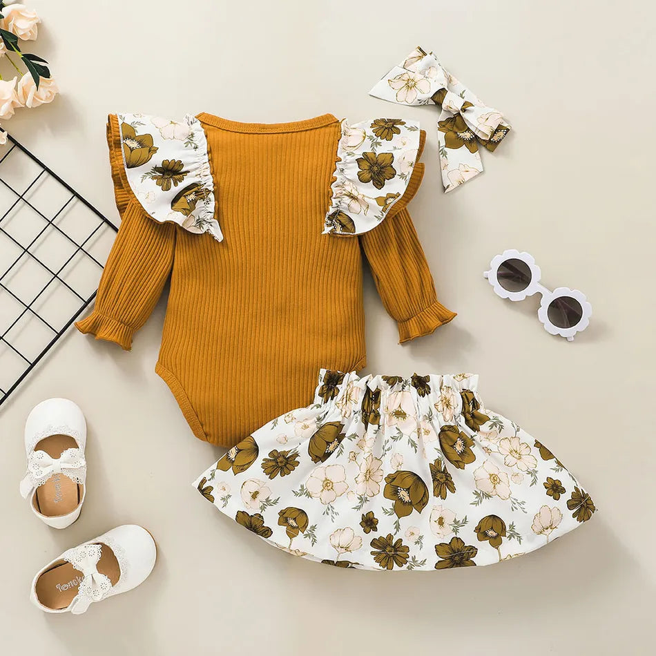 Long-sleeve Ruffle Ribbed Baby Romper and Floral Print Mini Skirt 3pcs Set
