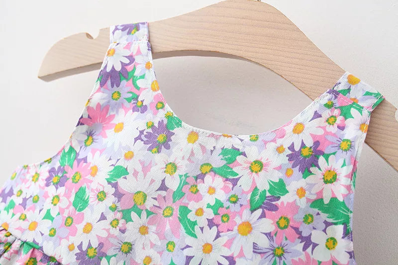 2pcs Floral Print pink Bowknot Sleeveless Baby Dress & Hat